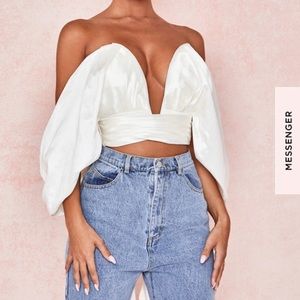 IVORY SATIN PLUNGE OFF SHOULDER BUSTIER
